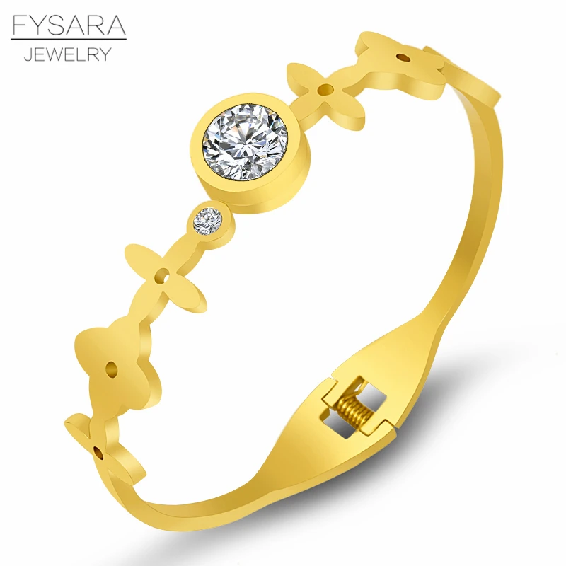 

FYSARA Luxury Lucky Flowers Cuff Bracelets Stainless Steel Jewelry AAA Zirconia Crystals Pulseiras Women Famous Brand Bangles