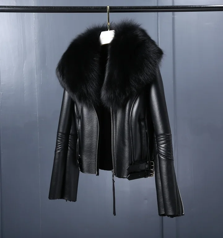 YMOJNV Женская куртка из натурального меха Мериносовой овцы, зимняя куртка с воротником из натурального меха лисы, куртка-бомбер из натуральной овчины, кожаные пальто - Цвет: Black
