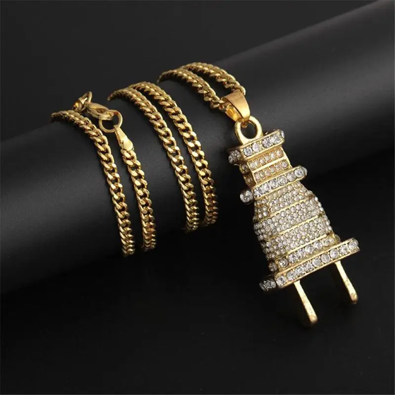 Mens Bling Bling Plug Pendant Necklace Gold Color Charm Full Rhinestone