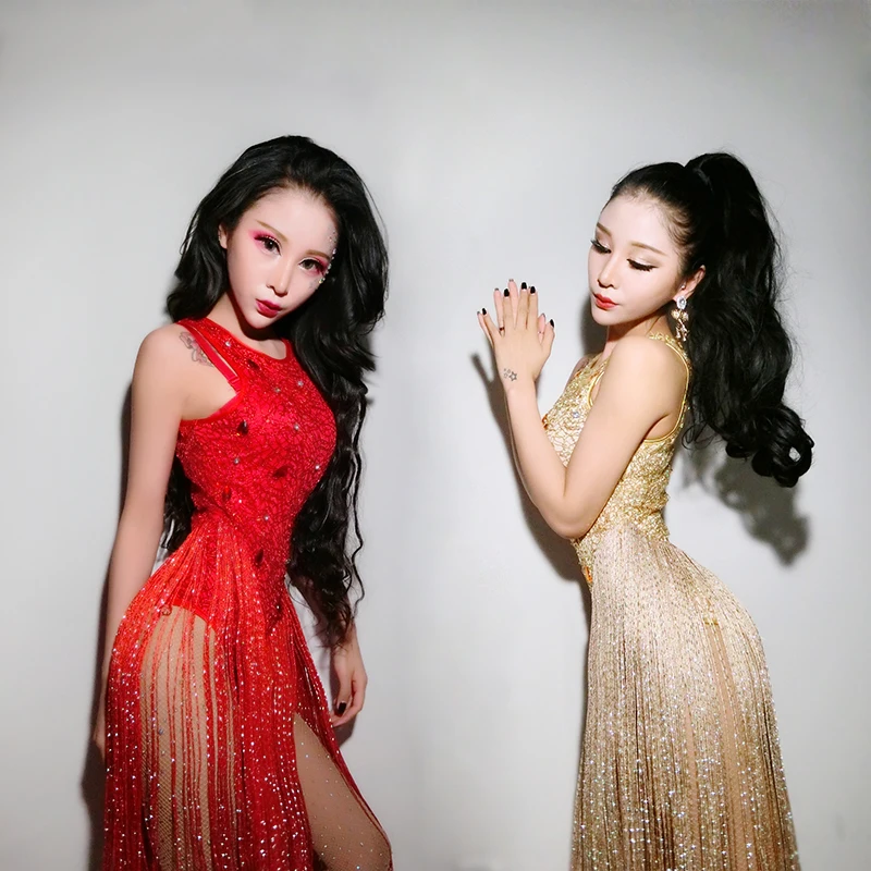 New Female Singer Clothing DS Costumes Nightclubs Sexy DJ Rhinestone Jazz Dance Clothes Golden Tass