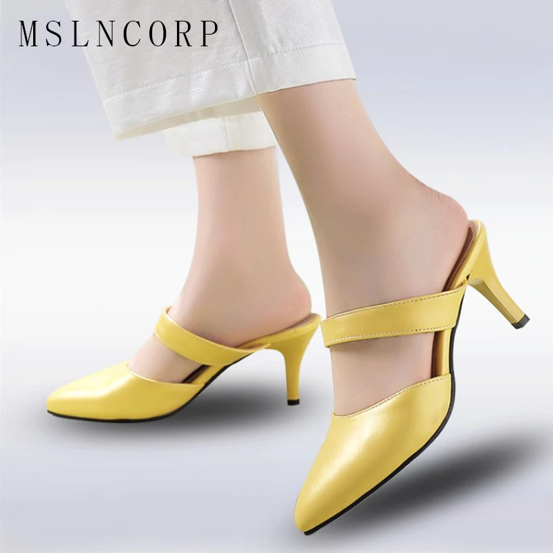 

plus Size 34-43 Women Slippers High Heels Shoes Mules Pointed Toe Sexy Low Heels Shoes Slip On Slides Pumps Fashion Women Shoes