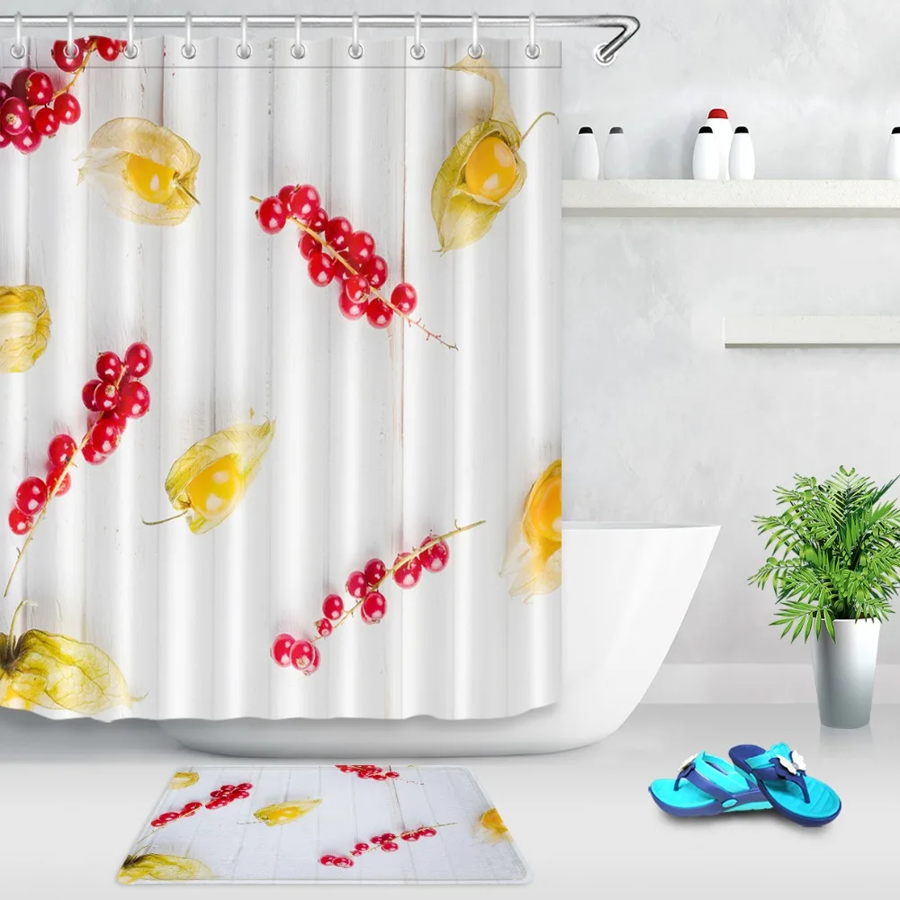 

Tropical Fruit Red Yellow Leaf White Retro Board Shower Curtain Bathroom Mat Waterproof Polyester Fabric for Bathtub Home Decor