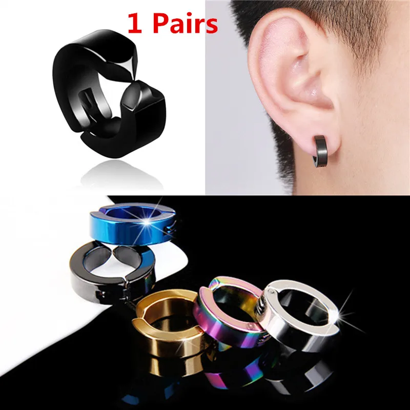 

Pair Fake Hoop Earring Studs Mens Womens Silver Black Stainless Steel Huggie 8mm Diameter Ear Lobe Helix Non-Piercing Clip On