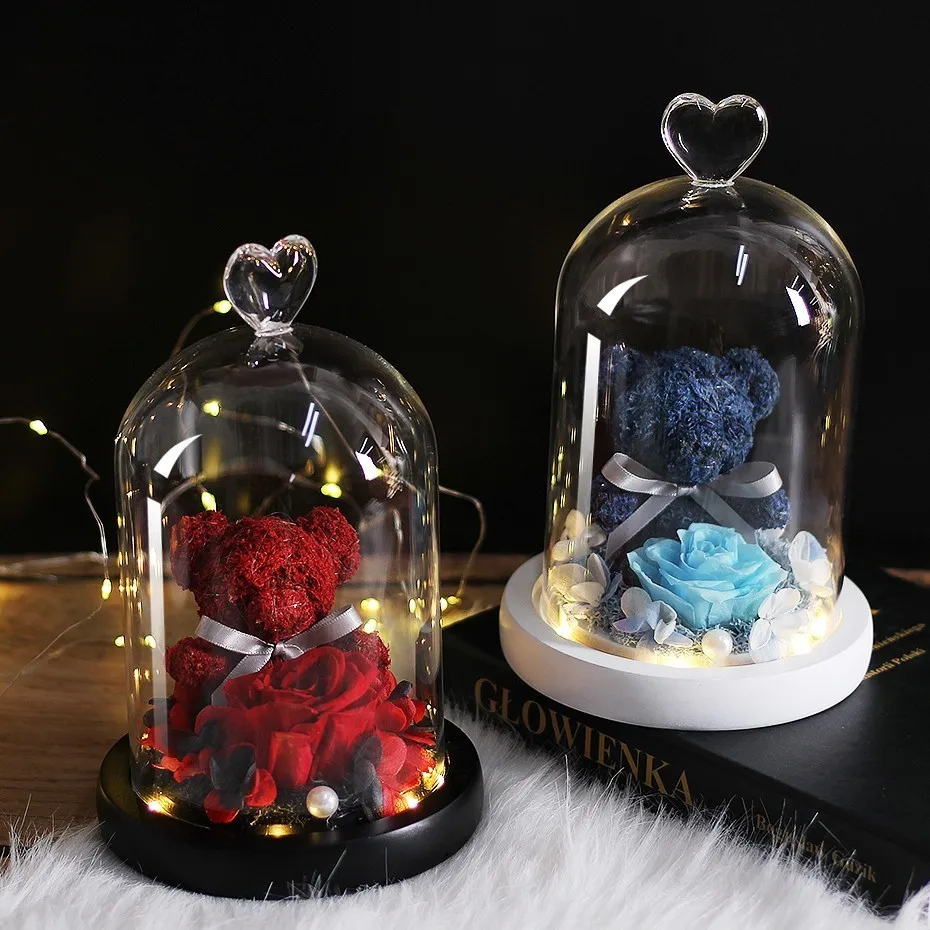 

Hot Teddy Bear Roses Flowers Of Home Wedding Festival LED In Glass Wedding Decoration Christmas Gift Box Dried Flowers