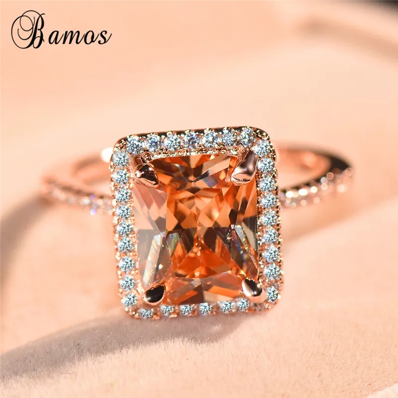 

Female Cute Romantic Female Geometric Ring Champagne CZ Stone Wedding Ring 14KT Rose Gold Engagement Rings For Women