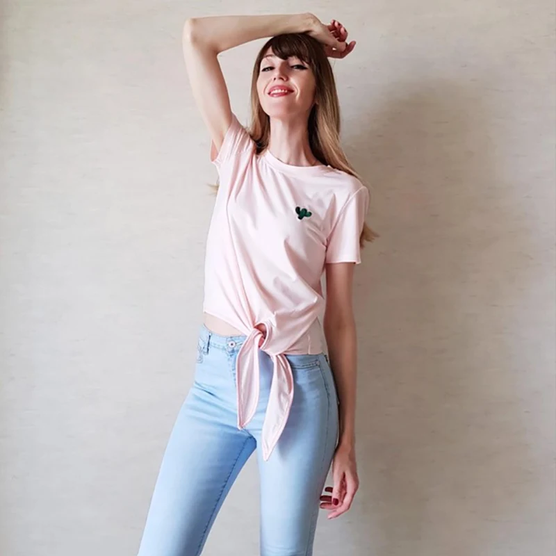

Casual Cactus Embroidery Women T Shirt Short Sleeve Lace Up Knot Bow Summer Lady Tees Solid Crew Neck Tops Camisa Feminina 2018