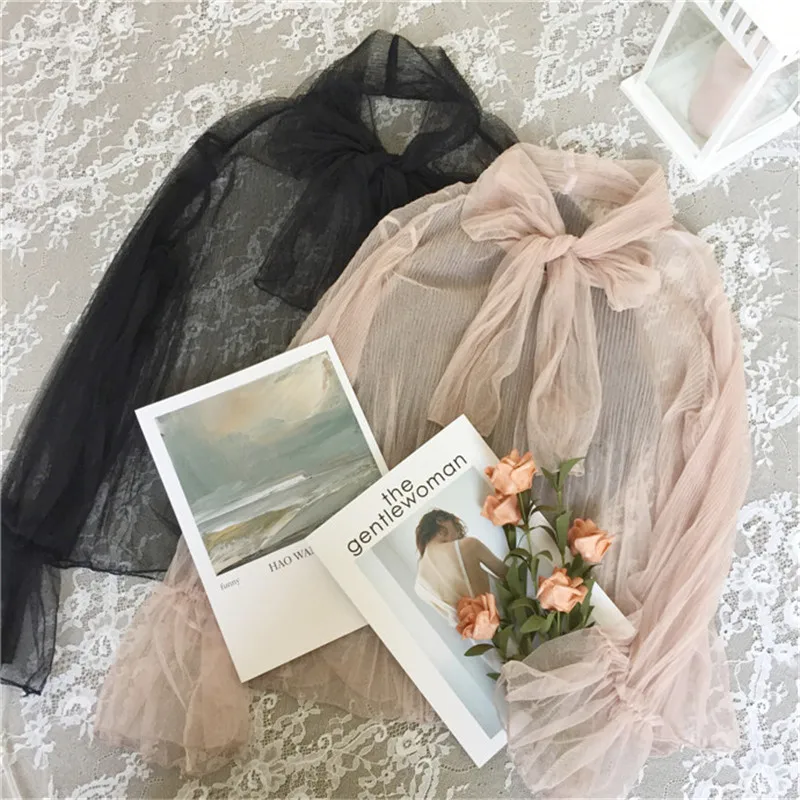 2018 Two Piece Women Mesh Blouse Solid Casual Tie Bow Lace Shirts Female Flare Sleeve Blouses Bottoming Shirt +Tank Tops AB800 5