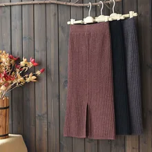 Новые модные женские туфли эластичные Вязание хлопковая юбка Высокая Талия сзади Разделение бедра юбка для студентов Юбки для женщин