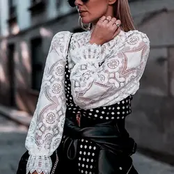 Женская модная Изысканная элегантная кружевная открытая ажурная дизайнерская Блузка Повседневная Свободная стильная блузка с длинным