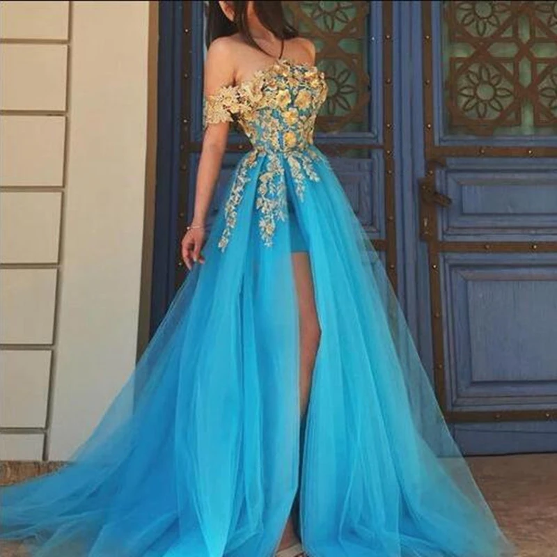 

Charming Sky Blue Evening Party Dresses 2019 A-Line Off The Shoulder Applique Arabic Side Slit Long Prom Gown Robe De Soiree