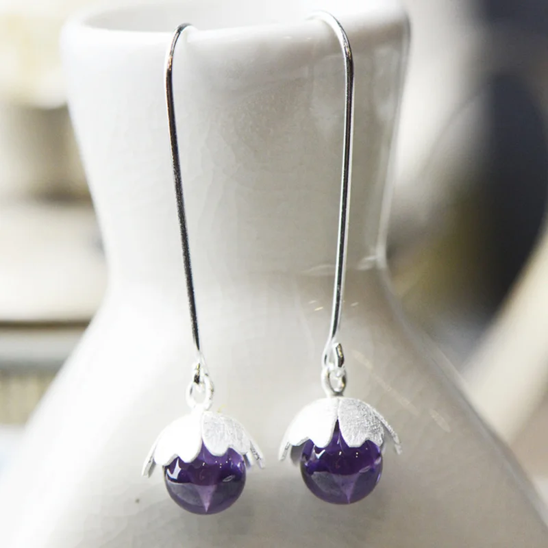 

Real Silver 925 Jewelry Long Earrings Natural Gemstone Amethyst Earrings For Women Christmas Jewelry Aros