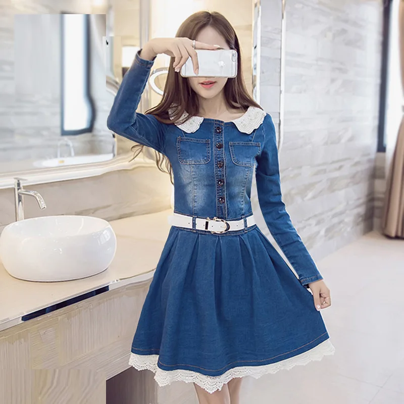 

Women Fashiion lace peter pan collar full sleeve sashes denim full dress