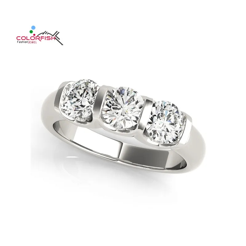 COLORFISH Three Stone Round Cut 1.5 Carat Wedding Band Engagement Ring For Women Genuine 925 ...