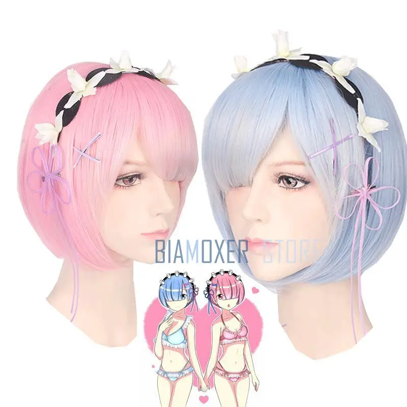 

Re zero Ram Rem Wigs Headdress Re:Life In A Different World From Zero Cosplay Costumes Blue Pink Swimsuits