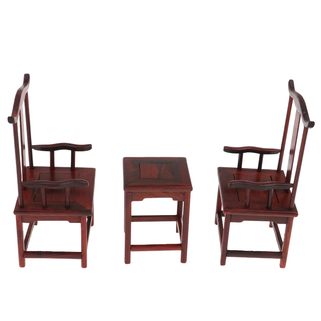  1:6 Dollhouse Solid Rosewood Miniatures Furniture Wooden Tea Table and Two Armchairs Home Decor
