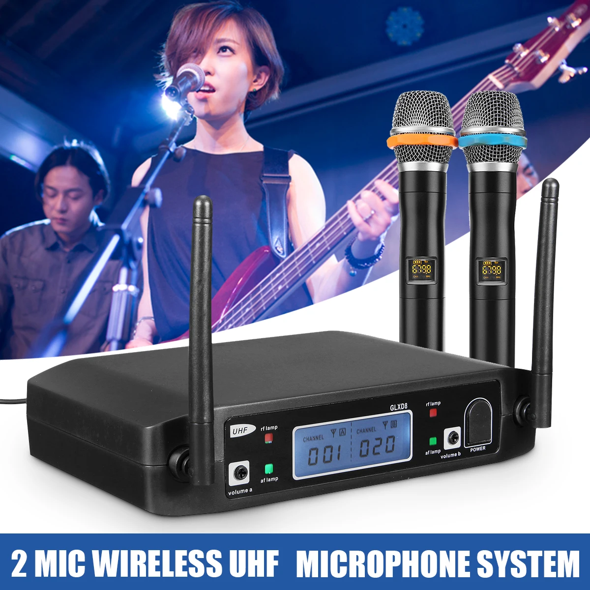 

Karaoke Wireless 2 Channel Bluetooth Microphone Digital Dual Receiver with UHF Receiver LCD Display Wireless Microphones Stand
