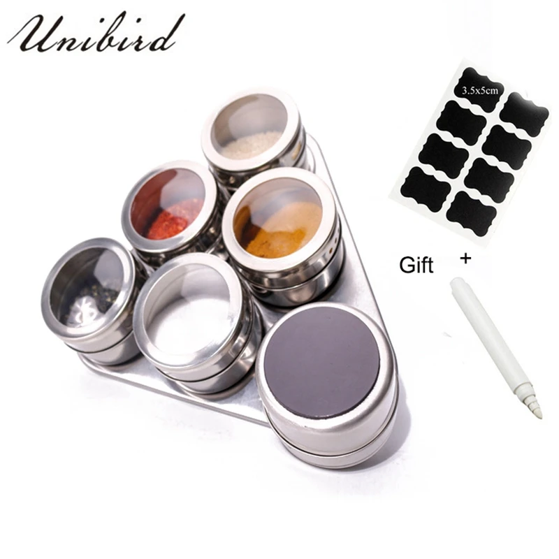

Unibird 6Pcs/Set Magnetic Spice Storage Jar with Triangular Rack Holder Pepper Coffee Shakers Tin Container Free Gift Label Pen