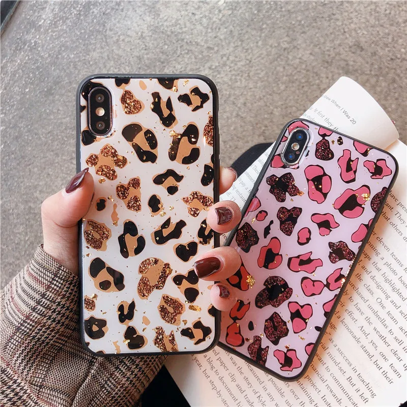 

luxury Gold Foil Bling Leopard spot Phone Case For iPhone X XR XS Max Glitter Cover For iPhone 7 8 6 6s Plus Glitter Case Coque