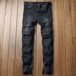 Высокое качество Мужские повседневные джинсы отверстие тонкий прямой плиссированные джинсы для байкеров брюки для девочек 2019 мужской Hombre