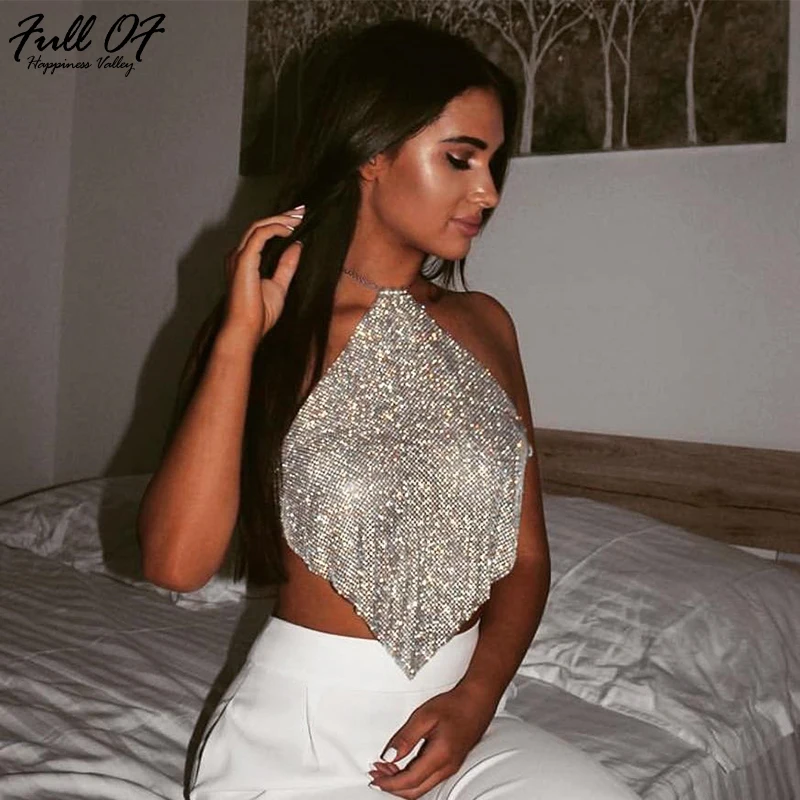 Cena Sexy Metal kryształowy diament kobiety egzotyczny zbiornik Backless lato plaża Halter Camis Bralette damska impreza w klubie nocnym krótkie bluzki 2018