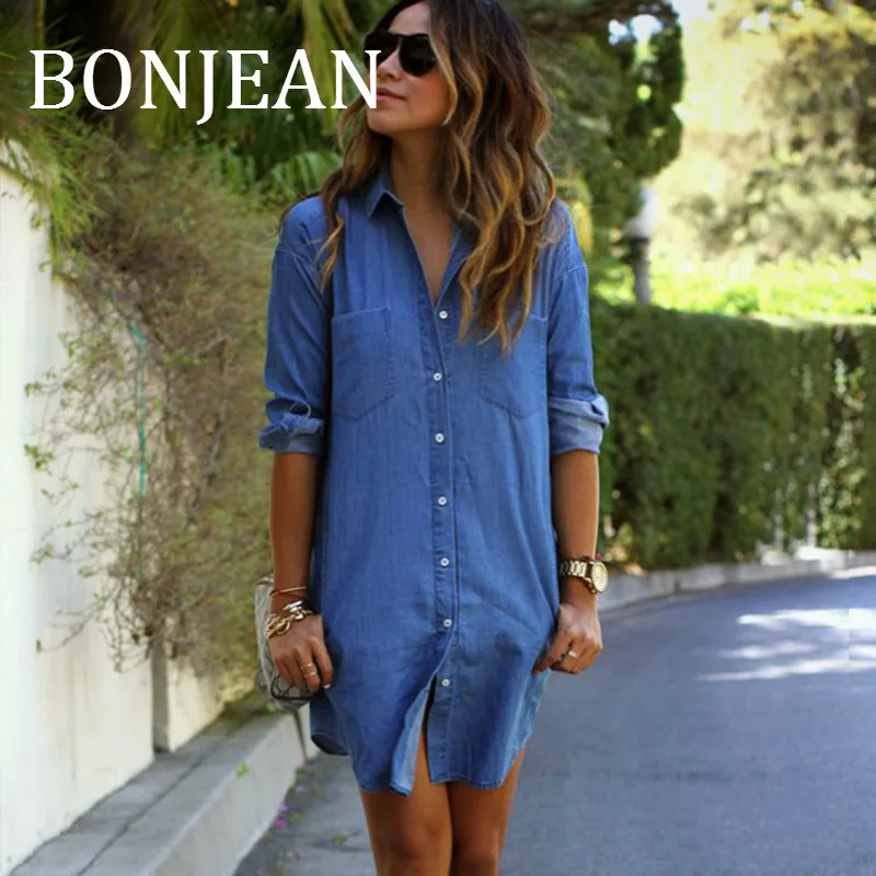 

BONJEAN Women's Denim Shirt 2018 Autumn Tops and Blouses Long Sleeve Plus Size Clothing Long Jeans Shirt Chemise Femme BJ213