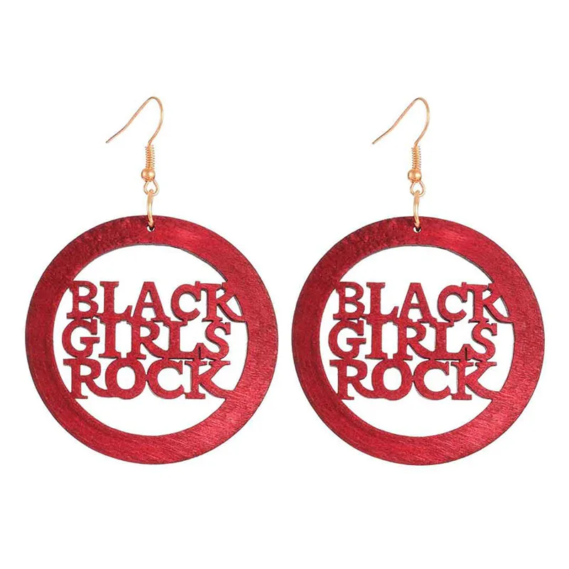 

Natural Wood Africa Black Girl Rock Afro Hollow Out Queen Letters Round Earrings Vintage Party Jewelry Wooden DIY Accessory