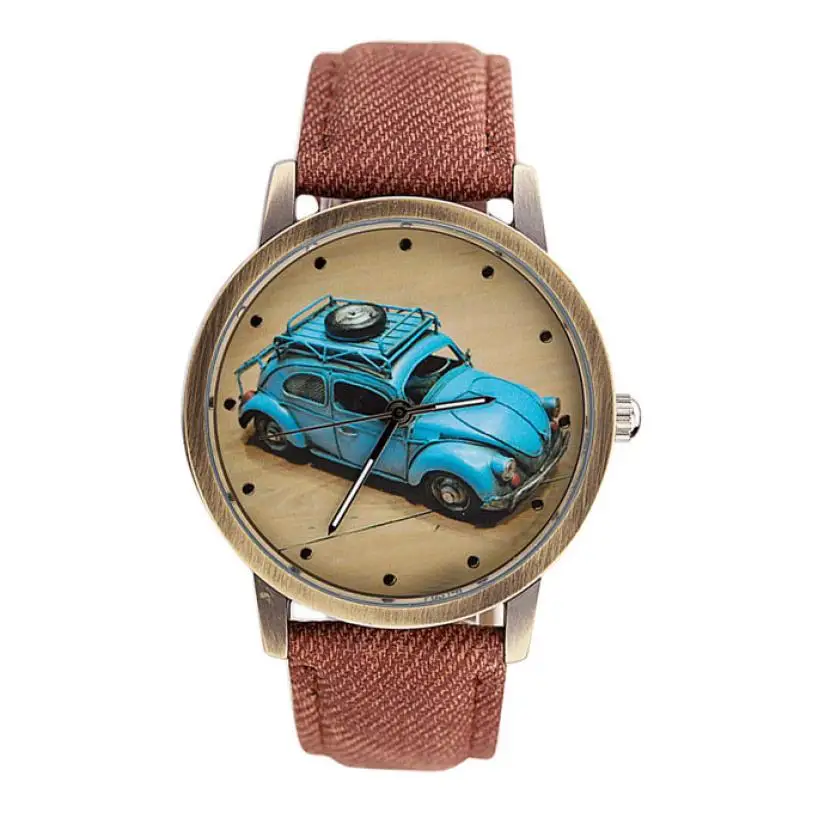 

Men Women's Dial Clock Leather Bracelet WristWatch Concise Fashion Men And Women Retro Car Pattern Denim Twill Strap Watches 50p