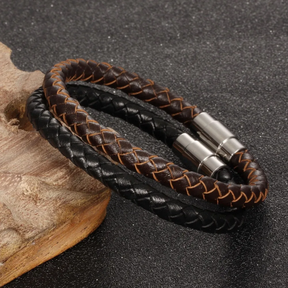 Fate Love Mens Bracelet Brown Black Braided Leather Bracelets For Men Stainless Steel Clasp Wholesale Jewelry 