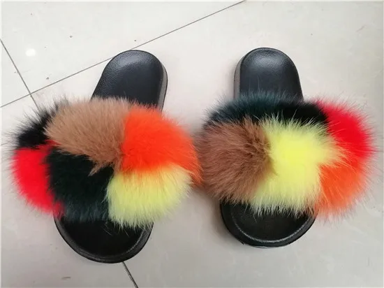 COOLSA Hot Women's Striped Plush Fur Slippers Super Fluffy Furry Fox Fur Slides Travel Quick Drying Beach Flip Flops Plus Size - Цвет: as picture shows