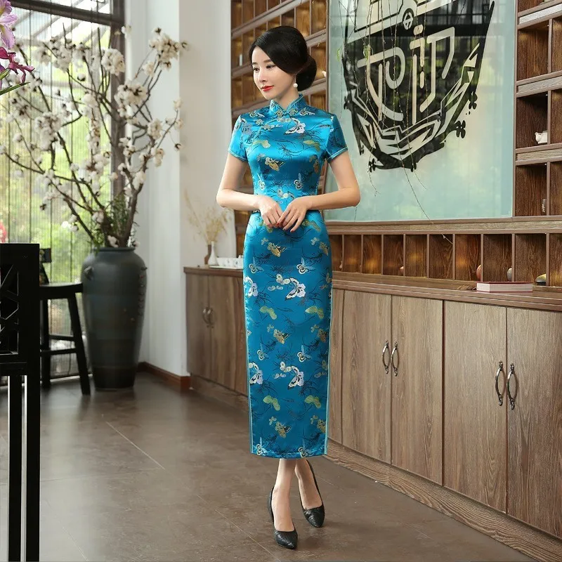 Китайские винтажные платья женские черные длинные Qi Pao Cheongsam черные бабочки печать шаблон короткий рукав костюм для выступлений современный