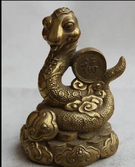 

free 6" Chinese Folk Brass Zodic Year Snake Wealth Coin Money Ru Yi Statue Sculpture fast