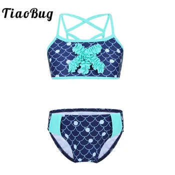 

TiaoBug Kids Teens Tankini Mermaid Scales Shells Printed Bikini Set Girls Swim Tops with Shorts Swimsuit Swimwear Bathing Suit