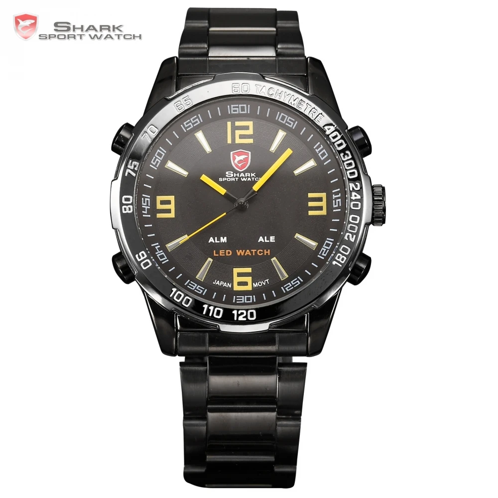 

Bull SHARK Sport Watch Mens Black Stainless Full Steel Band Digital LED Dual Time Date Alarm Yellow Quartz Wrist Watches /SH009