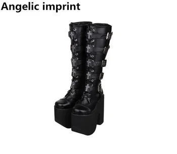 

Angelic imprint mori girl Women punk motorcycle cool boots lady lolita Boots woman high trifle heel pumps princess shoes 33-47