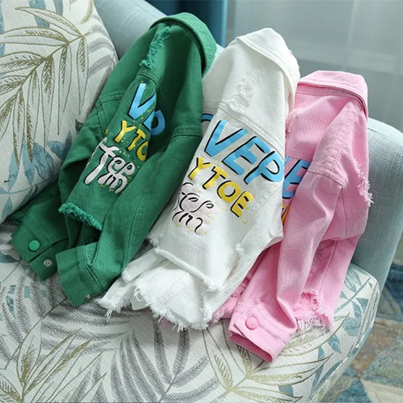 

2018 spring girl and boy fashion denim coats kids jeans jacket print top