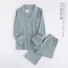 Pijama liso de algodón con crepé para Mujer y hombre, 100%, transpirable, de manga larga, informal, para otoño ► Foto 3/6