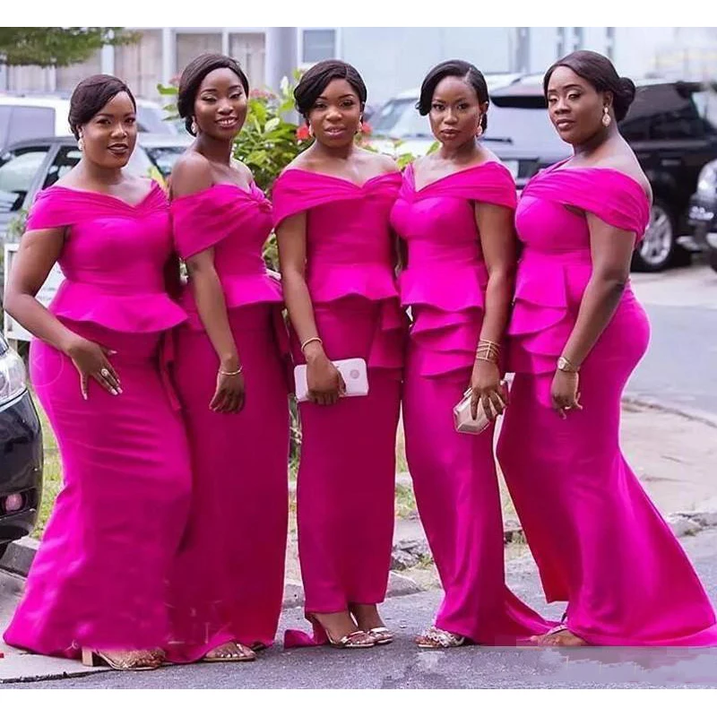 

2019 Mermaid Bridesmaid Dresses Plus Size Off The Shoulder Peplum Tiered Stain Maid Of Honor Dress For Wedding Guest Gowns