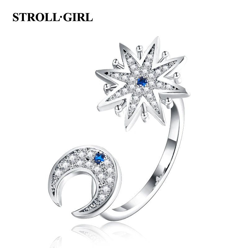 

Strollgirl 100% 925 Sterling Silver Engagement Ring Sparkling Moon and Star Finger Rings for Women Fashion Jewelry Free Shipping
