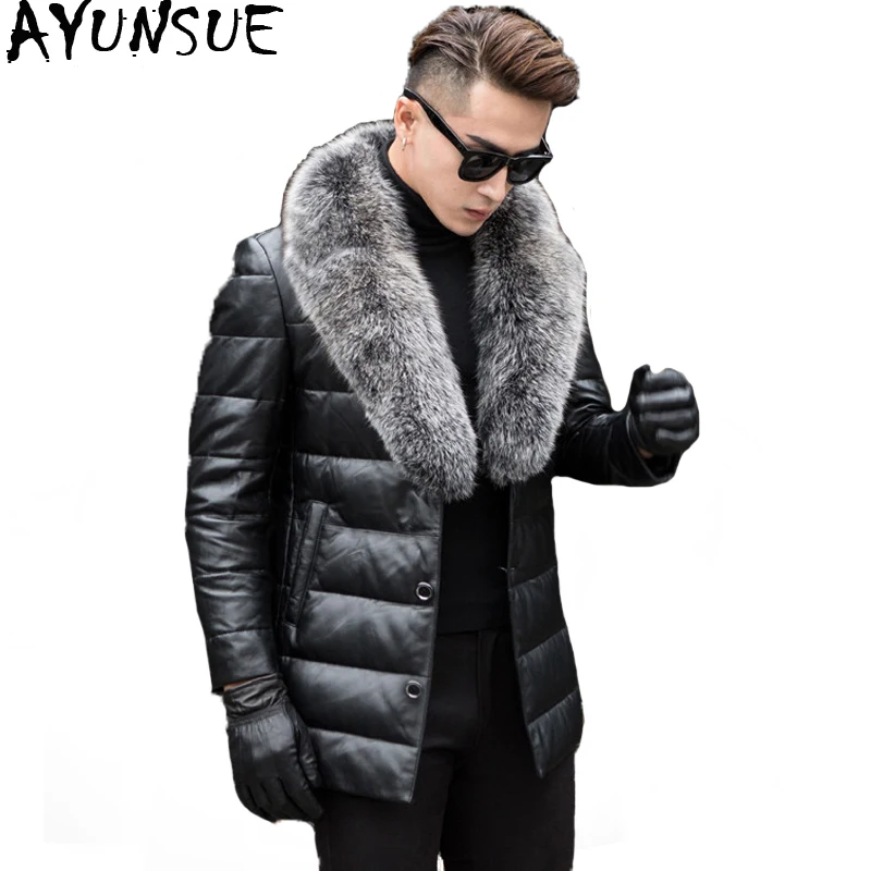 

AYUNSUE Men's Genuine Leather Down Jacket Male Winter Coat Men Fox Fur Collar Sheepskin Leather Jackets Jaqueta De Couro KJ651
