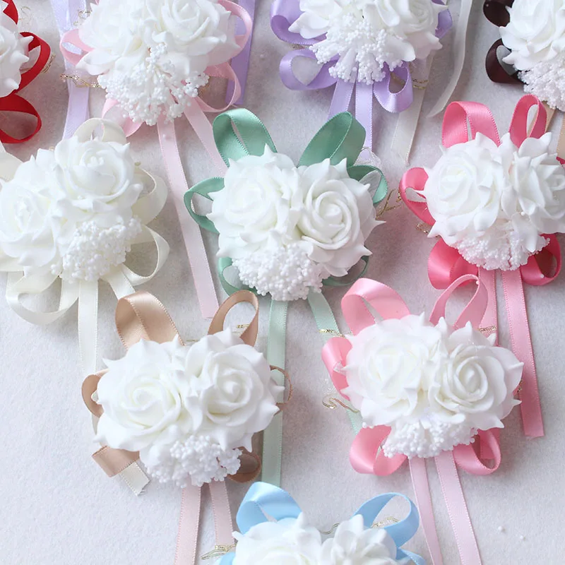 White Pink Red Wedding Rose Wrist Flowers Hand Corsage Boutonniere Pins (52)
