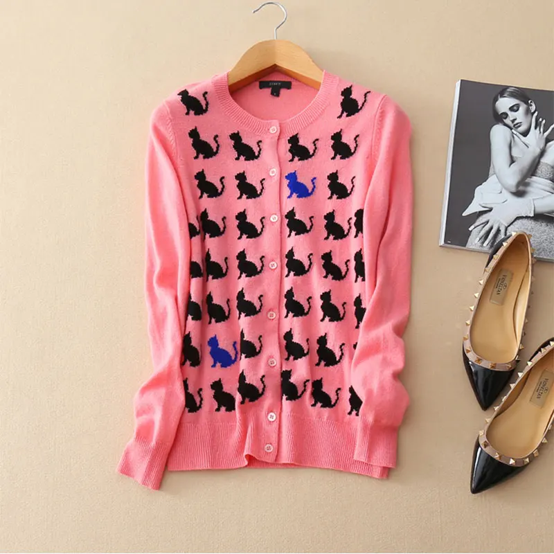 

100% Cashmere Women's Cats Pattern Sweaters Coat Long Sleeve O-neck Knitted Single Breasted Autumn Pink Cashmere Cardigan Women
