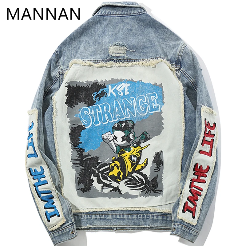 

MANNAN Hi Street Men's Denim Jacket Gothic Embroidery Ripped Slim fit Denim Jacket Male Autumn Coat Streetwear