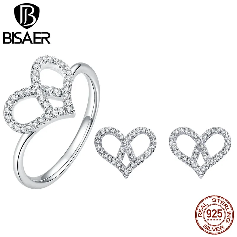 

BISAER Top Quality Trendy 925 Sterling Silver Jewelry Set For Women Heart CZ Stone Rings Earrings Wedding LOVE Anniversary Gift