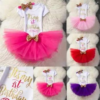 

Baby letter outfits girls Sequins Bow headband+letter romper+TuTu lace skirts 3pcs/set Boutique kids Birthday party Clothing Set