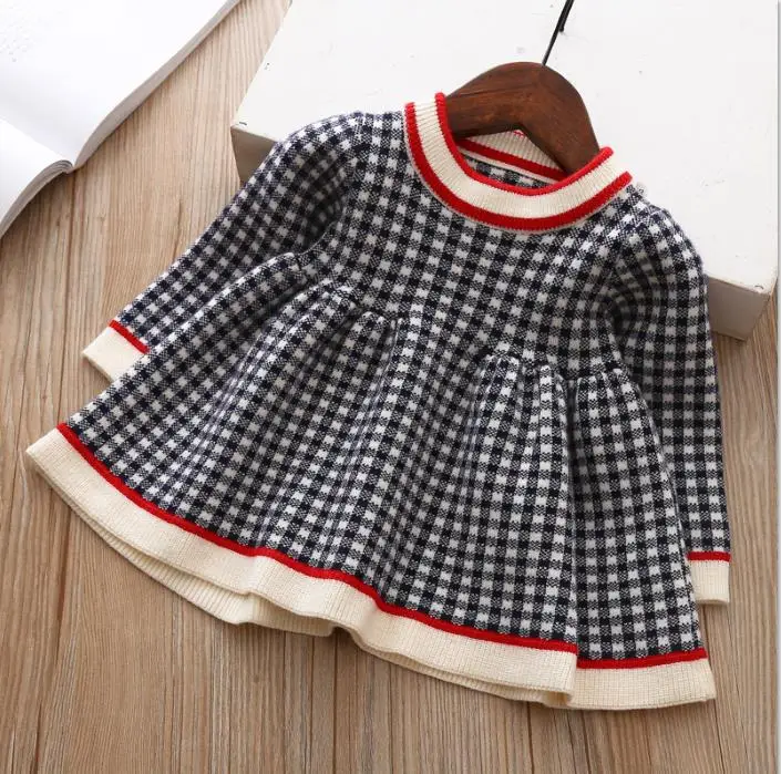 Girls Plaid Sweater Dress autumn winter children Toddler baby clothes dress for girl Kids princess party Christmas Dresses - Цвет: black color