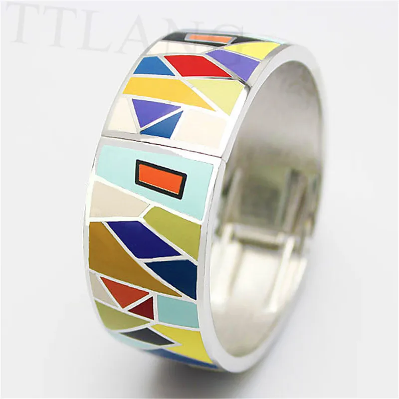 

2.5cm Silver Plated Trapezoid Split Joint Pattern Spring Enamel Jewelry Bangle