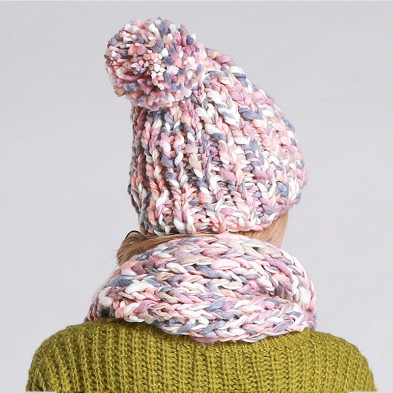 Модный трикотажный зимний шарф, шапка, зимняя теплая шапка для женщин, шапки для девочек, плотный женский шарф, комплект, женский шарф, удобный