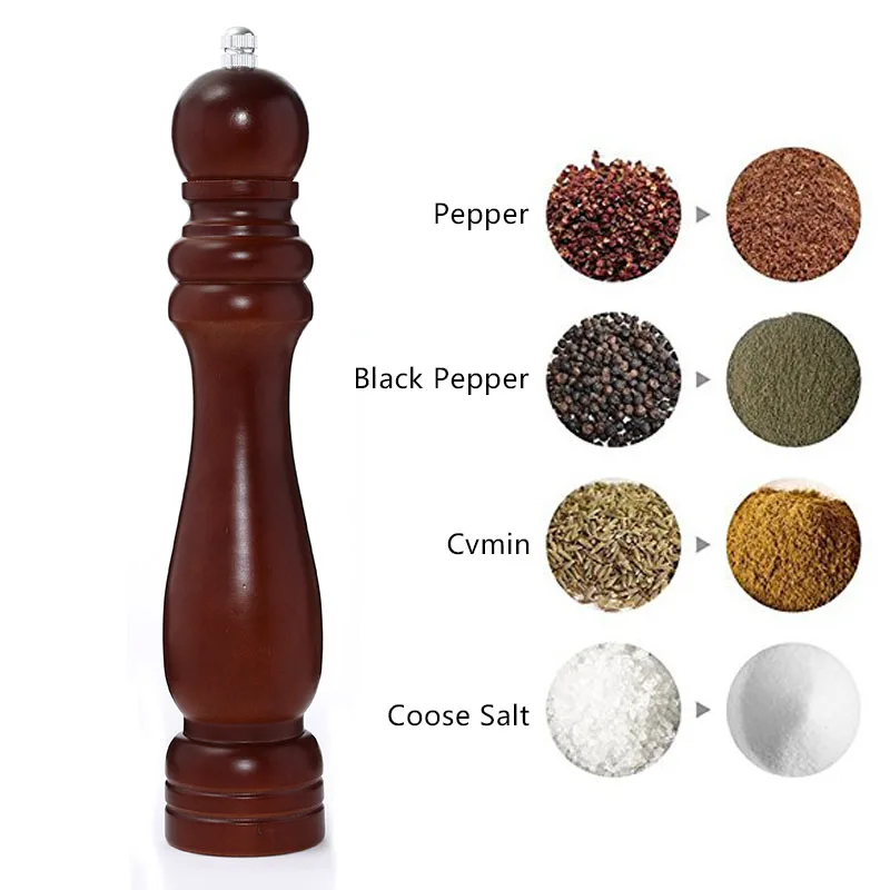 

11" Wood Pepper Mill Solid Wood and Adjustable Ceramic Pepper Grinder, Brown