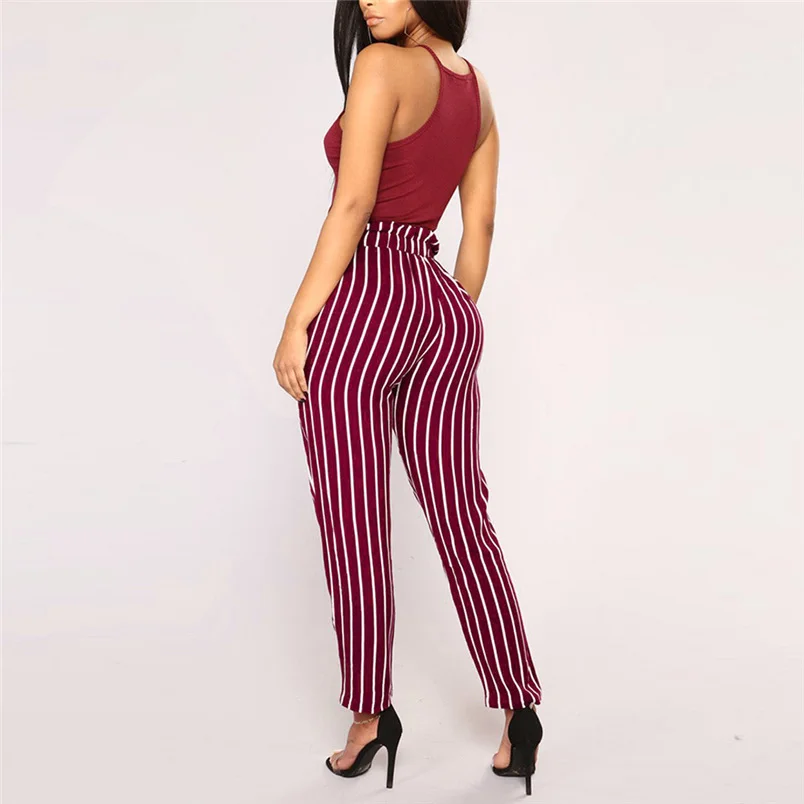 Women Pants 2018 Summer New High Waist Harem Pants Ladies Elegant Bowtie Elastic Waist Fashion Striped Casual Long Pants #J22 (18)
