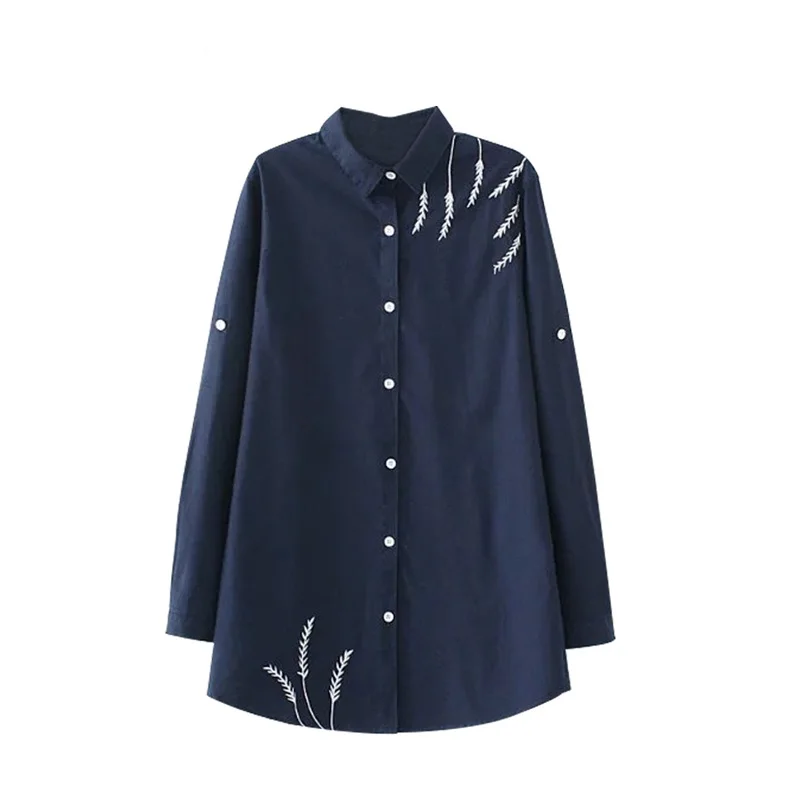 

plus Size Women Pink Embroidered Blouses Cotton Blue Long Sleeve Shirt Turn-down Collar Top Camisas Femininas Blusa